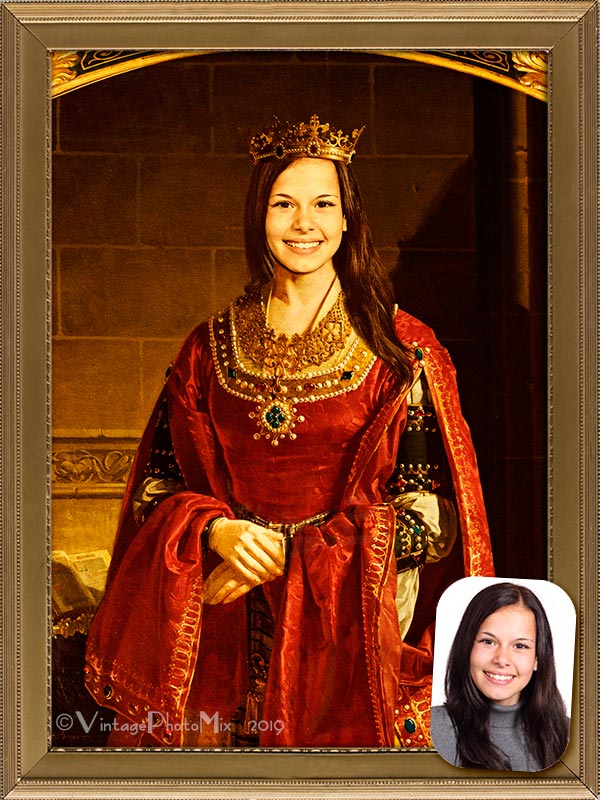 Photoshopped painting of woman as a medieval queen.