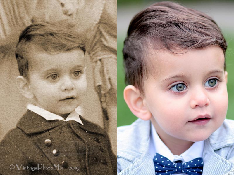 Personalized vintage photo of boy. Two images comparison. Digital unmodified images and digitally modified.