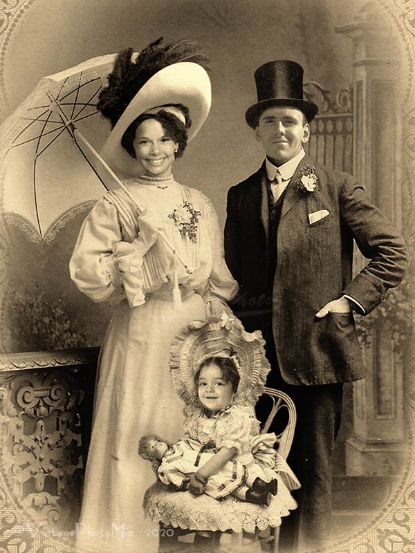 Personalized digital portrait based on vintage photo of family with daughter.