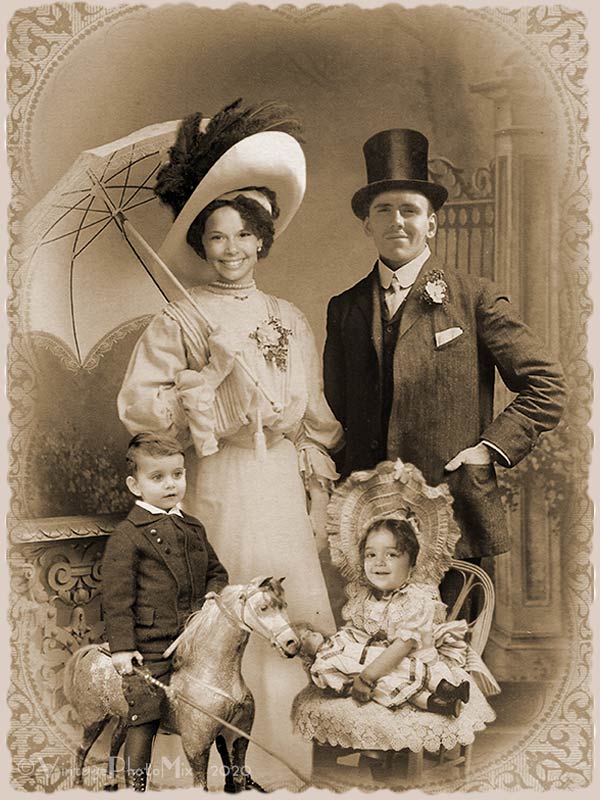 Personalized digital portrait based on vintage photo of family with two children.