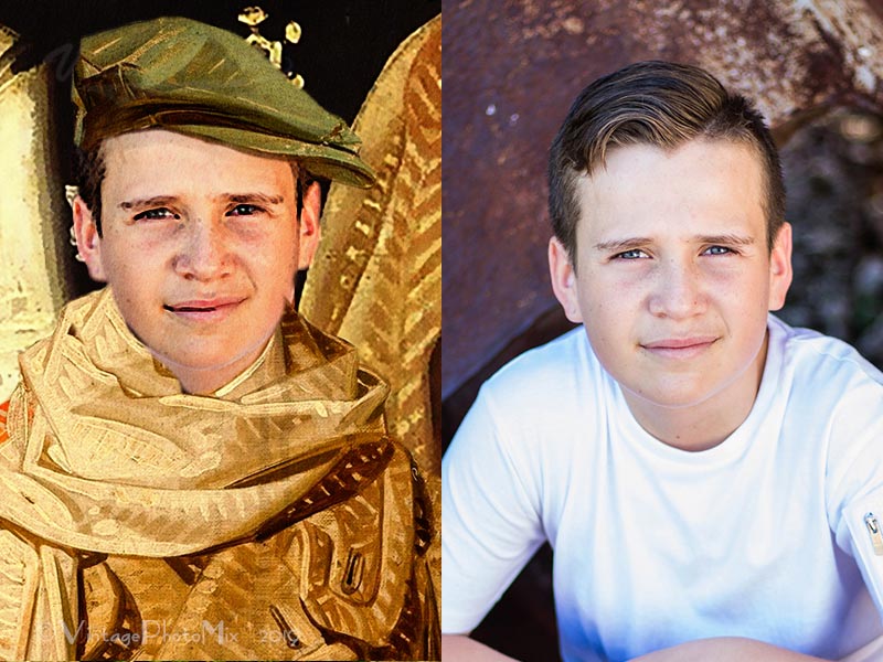 Personalized Christmas card. Boy's face image comparison.