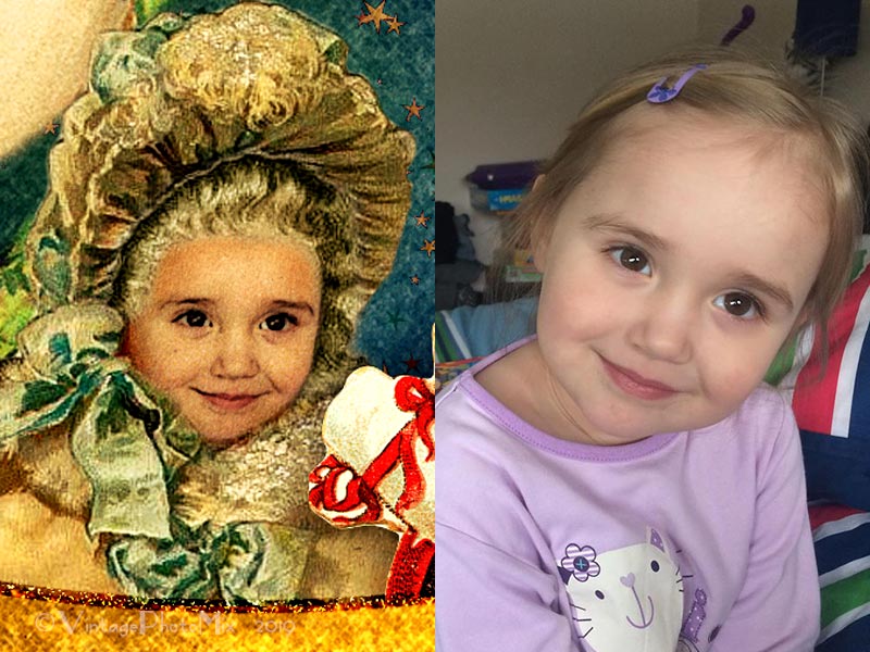 Personalized Christmas card. Girl's face image comparison.
