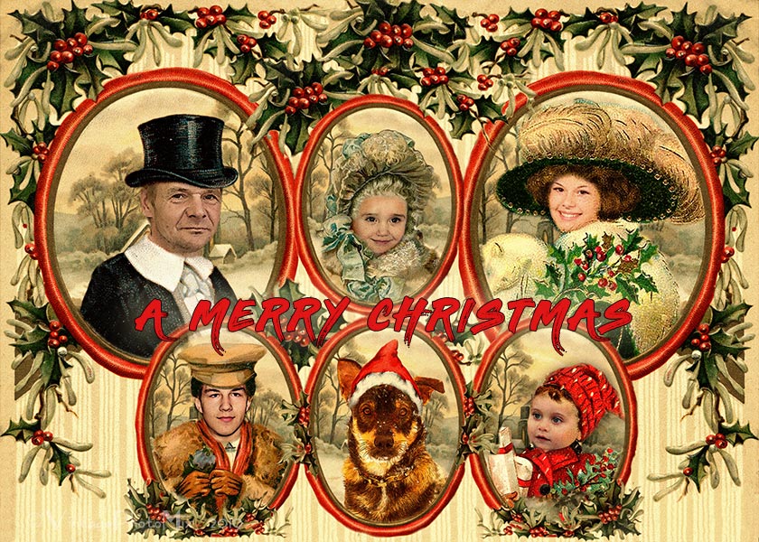 Personalized Christmas card in Victorian style. Option for six figures.