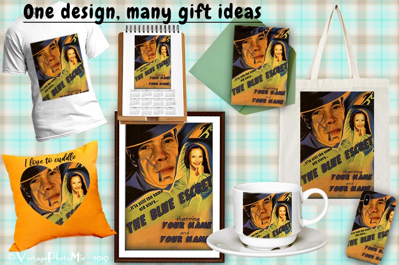 Film Noir inspired custom poster. A set of ideas for a personalized gift using a digital design made by VintagePhotoMix.
