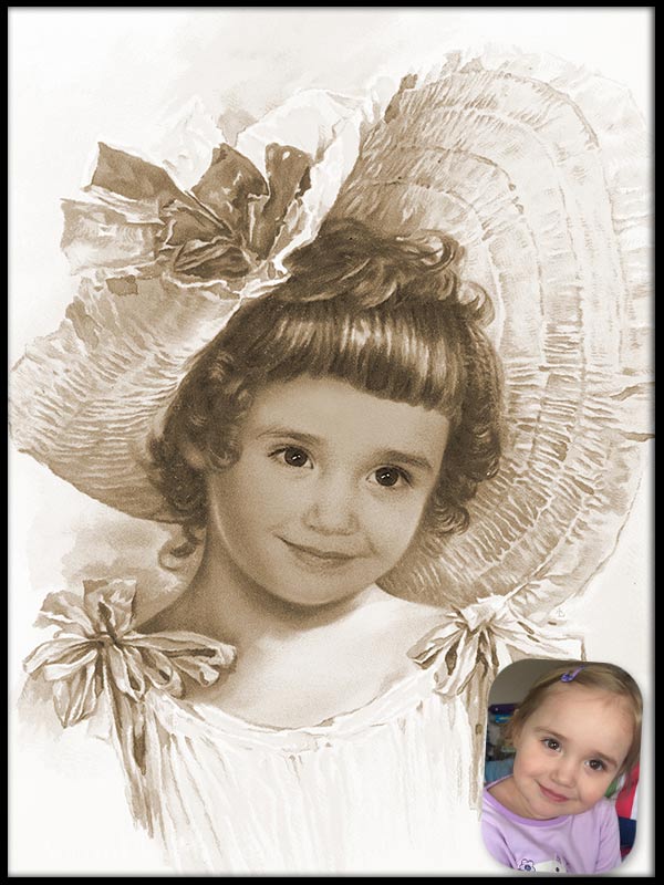 Custom girl portrait. Victorian girl in hat.