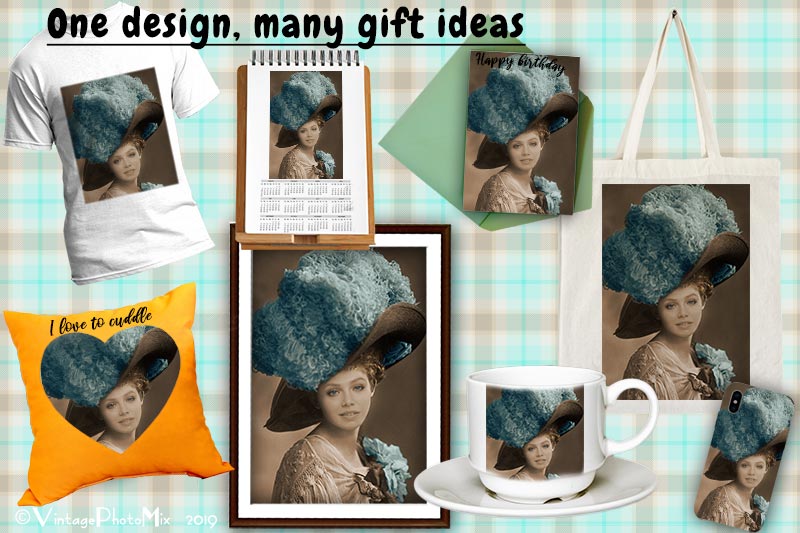 A selection of ideas for a personalized gift with a design based on an old photo of a woman.