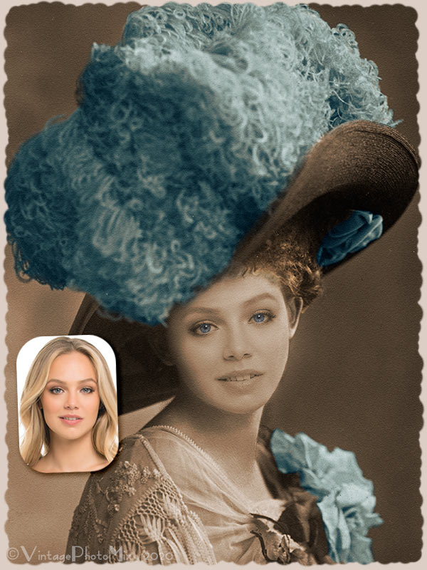 Personalized digital portrait based on vintage photo of woman in feathered hat.