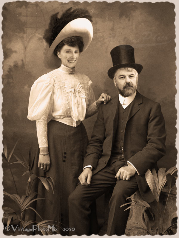 Personalized digital portrait based on vintage photo of couple in hats.