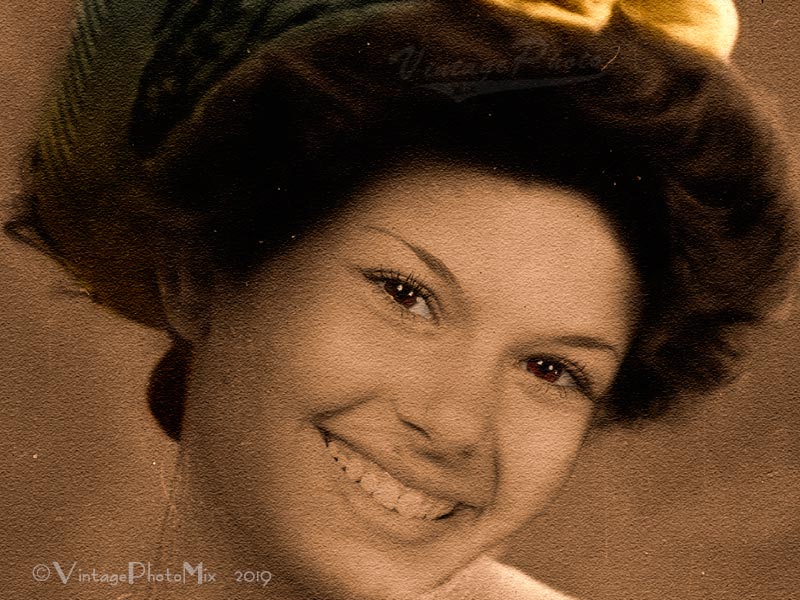 Face close-up. Customized portrait based on vintage photo.