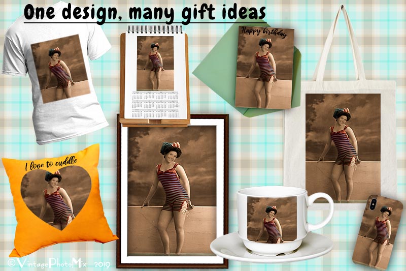 A selection of ideas for a personalized gift with a design based on an old photo of a woman.