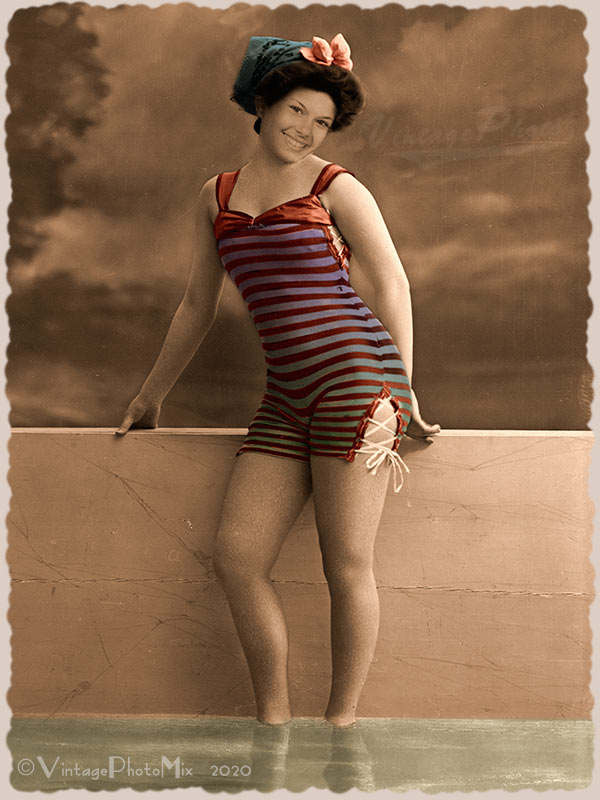 Tint and hat options for customized portrait from photo. Vintage image of woman in swimsuit.