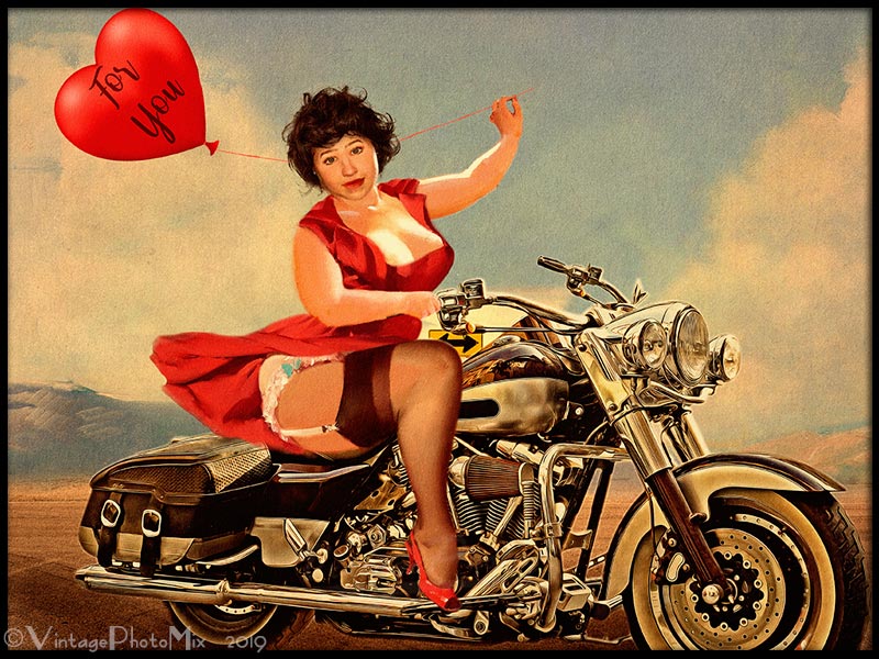 Motorcycle girl. Personalized size plus pin-up girl portrait.