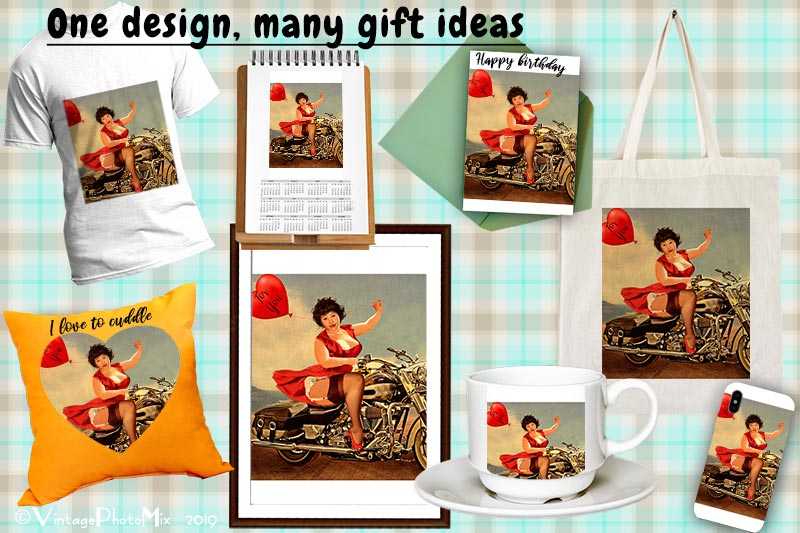 Personalize photo gift options. Customized size plus pin-up girl. Motorcycle girl.