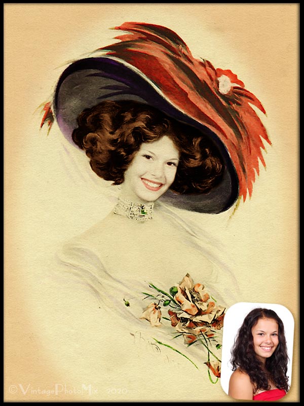 Custom female portrait from photo in Victorian illustration style.