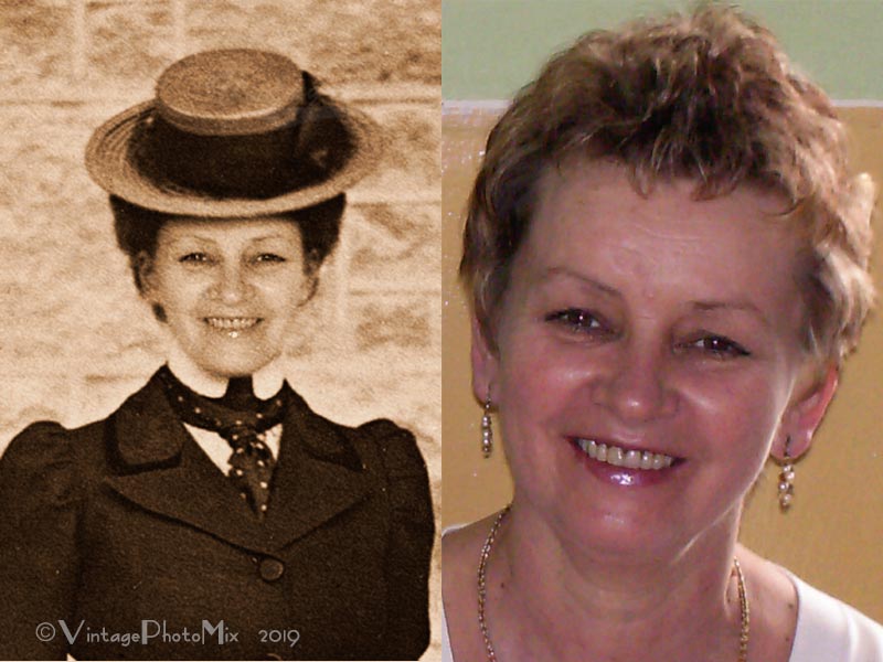 Personalized vintage photo of woman. Two images comparison. Digital unmodified images and digitally modified.