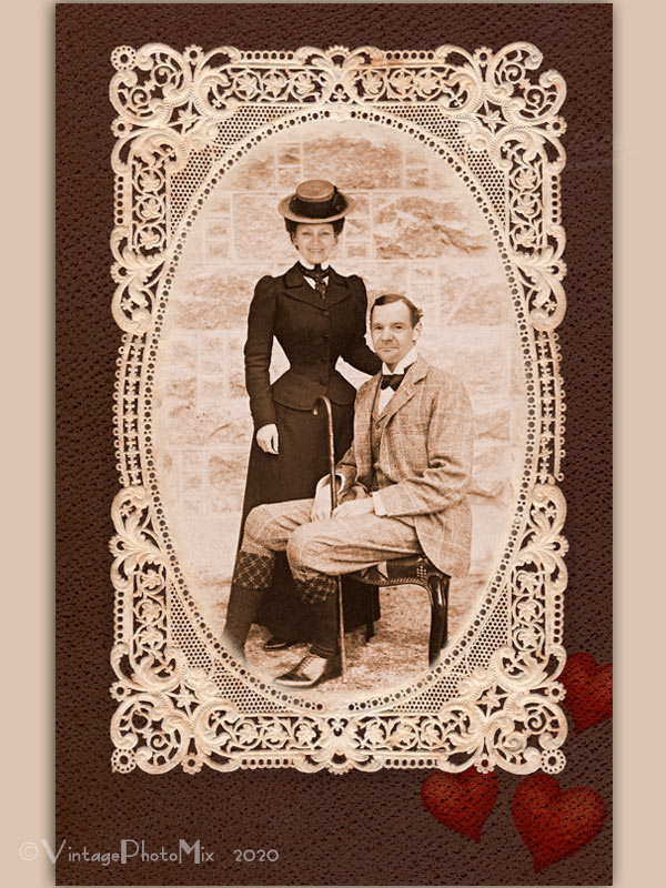 Personalized digital portrait based on vintage photo of couple in lace frame.