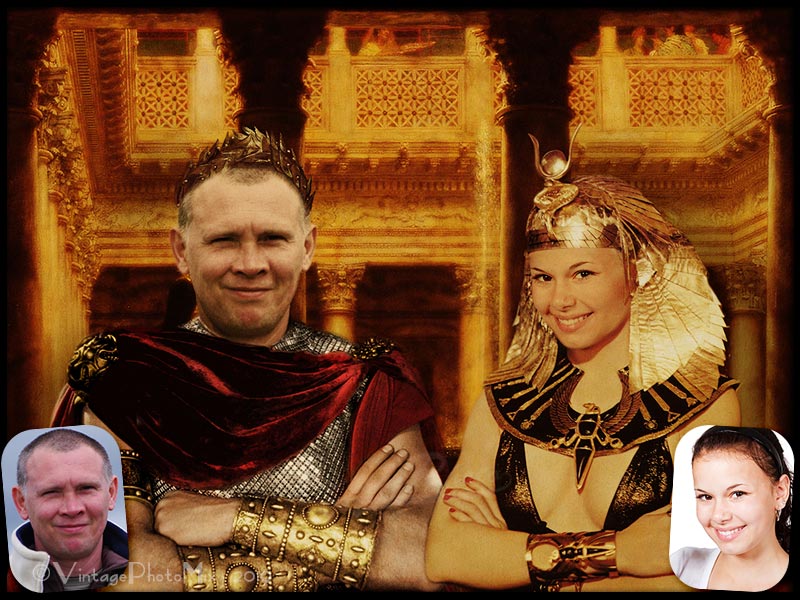 Personalized anniversary portrait from photo iin the style of Ancient Rome. Caesar and Cleopatra.