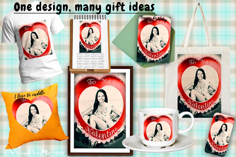 Customized gifts for Valentine's Day based on digital design by VintagePhotoMix.