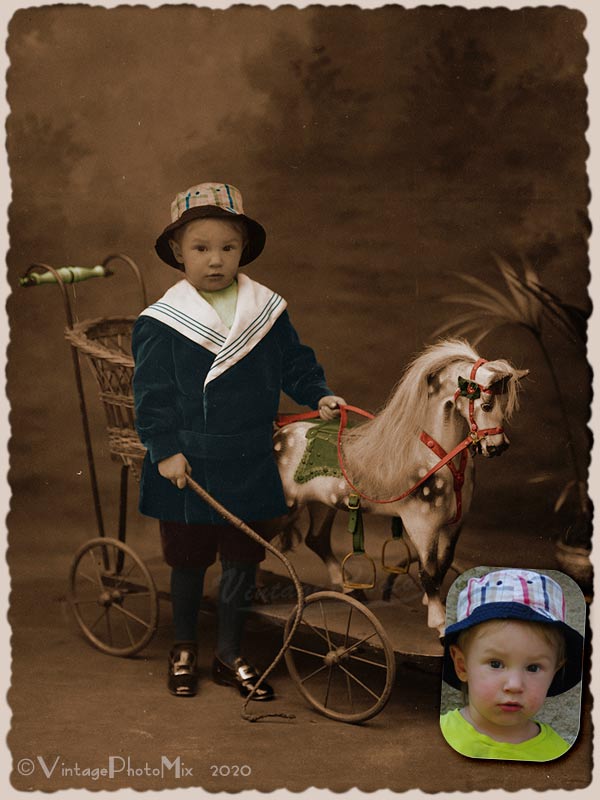 Personalized digital portrait based on vintage photo of boy with wooden horse.