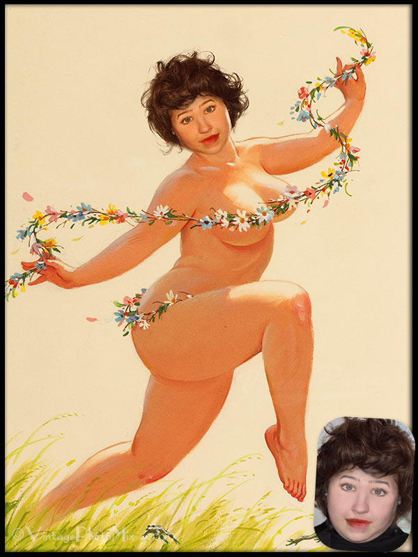 Personalized size plus pin-up girl portrait. Digitally modified classic Hilda's illustration. Dancing with flowers