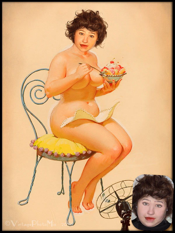 Personalized size plus pin-up girl portrait. Digitally modified classic Hilda's illustration. Sweets lover.