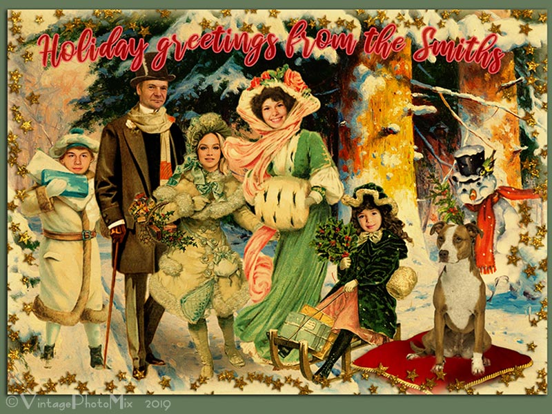 Personalized Christmas card in Victorian style. Option for six figures.