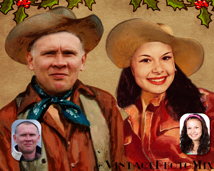 Christmas photo card. Personalized poster WANTED. Western Xmas card detail.