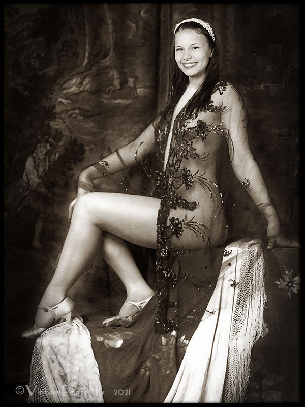 Digital photo portrait. Ziegfeld follies girl with lace.
