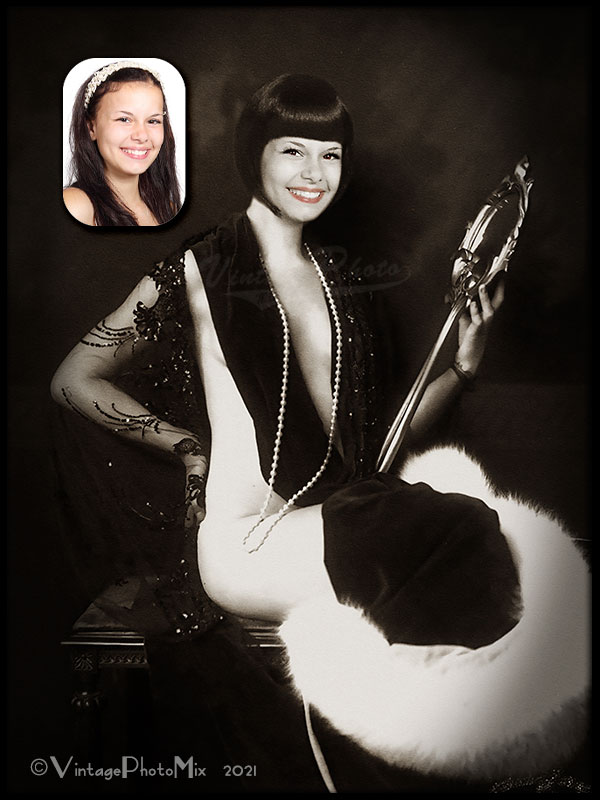 Digital photo portrait. Ziegfeld follies girl with pearls and mirror.