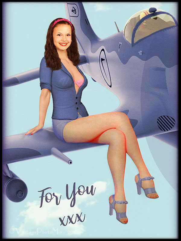 Custom portrait in pinup style. Military pin-up girl in blue.