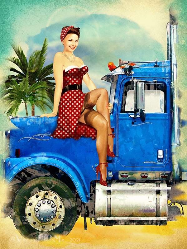 Pin-up custom portrait. Classic pin-up girl with truck.