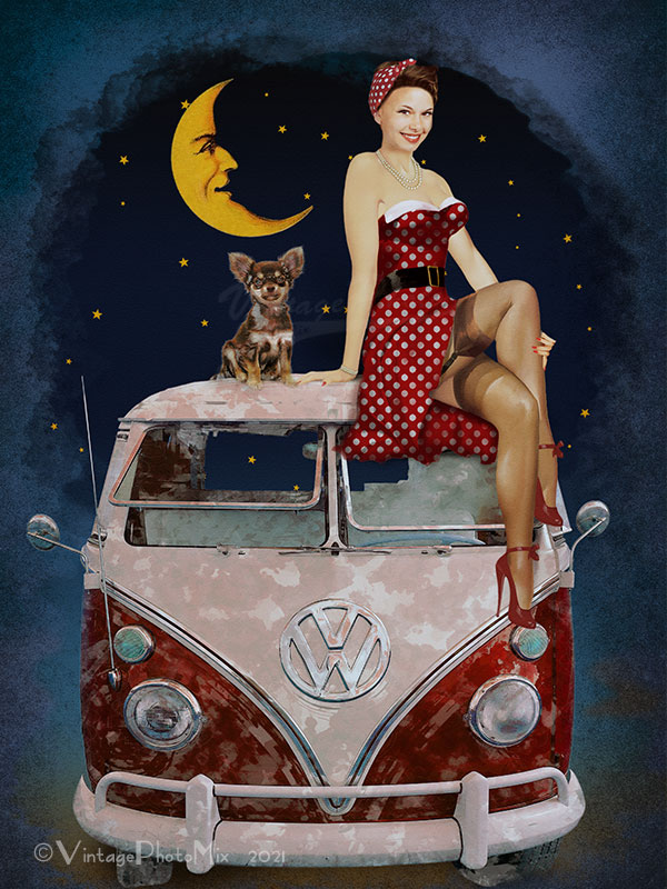 Pin-up custom portrait. Classic car pin-up girl with VW T2.