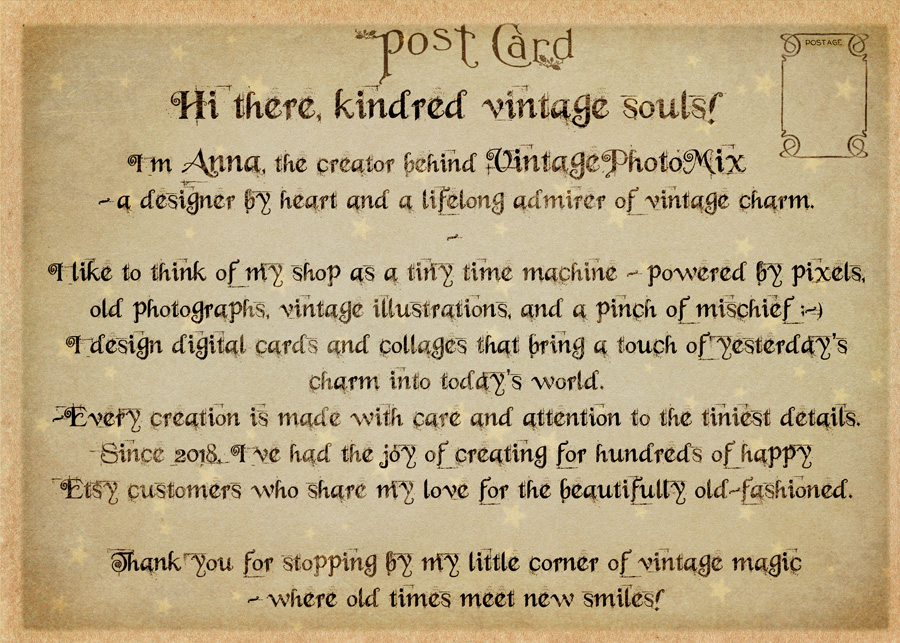 Story about VintagePhotoMix in vintage postcard style.